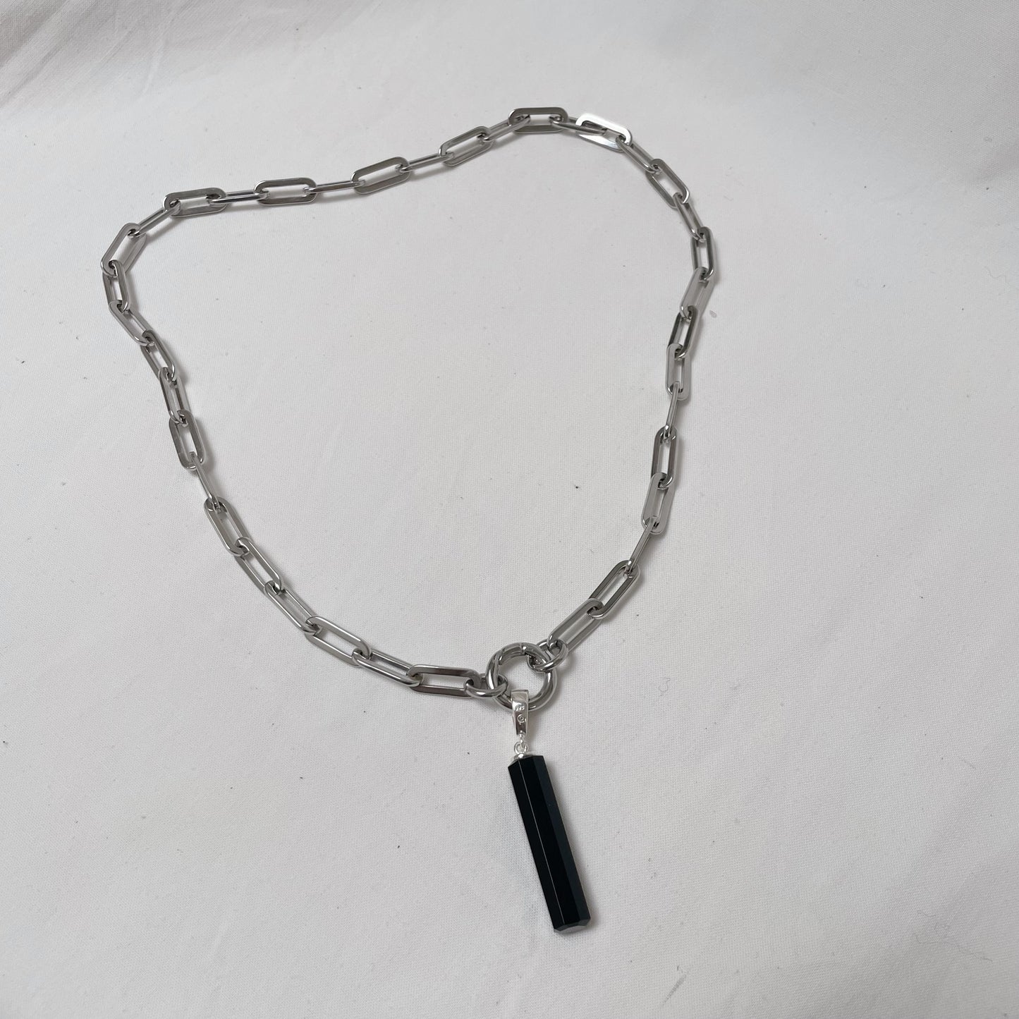 Black Onyx Silver Column Amulet Necklace
