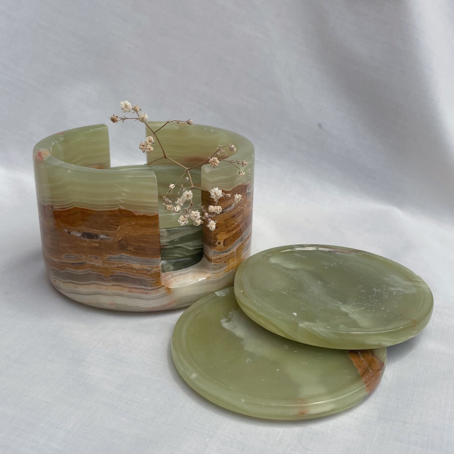 Green Calcite Coasters (Set of 6 + Holder)